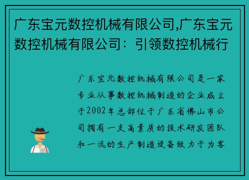 广东宝元数控机械有限公司,广东宝元数控机械有限公司：引领数控机械行业的创新力量